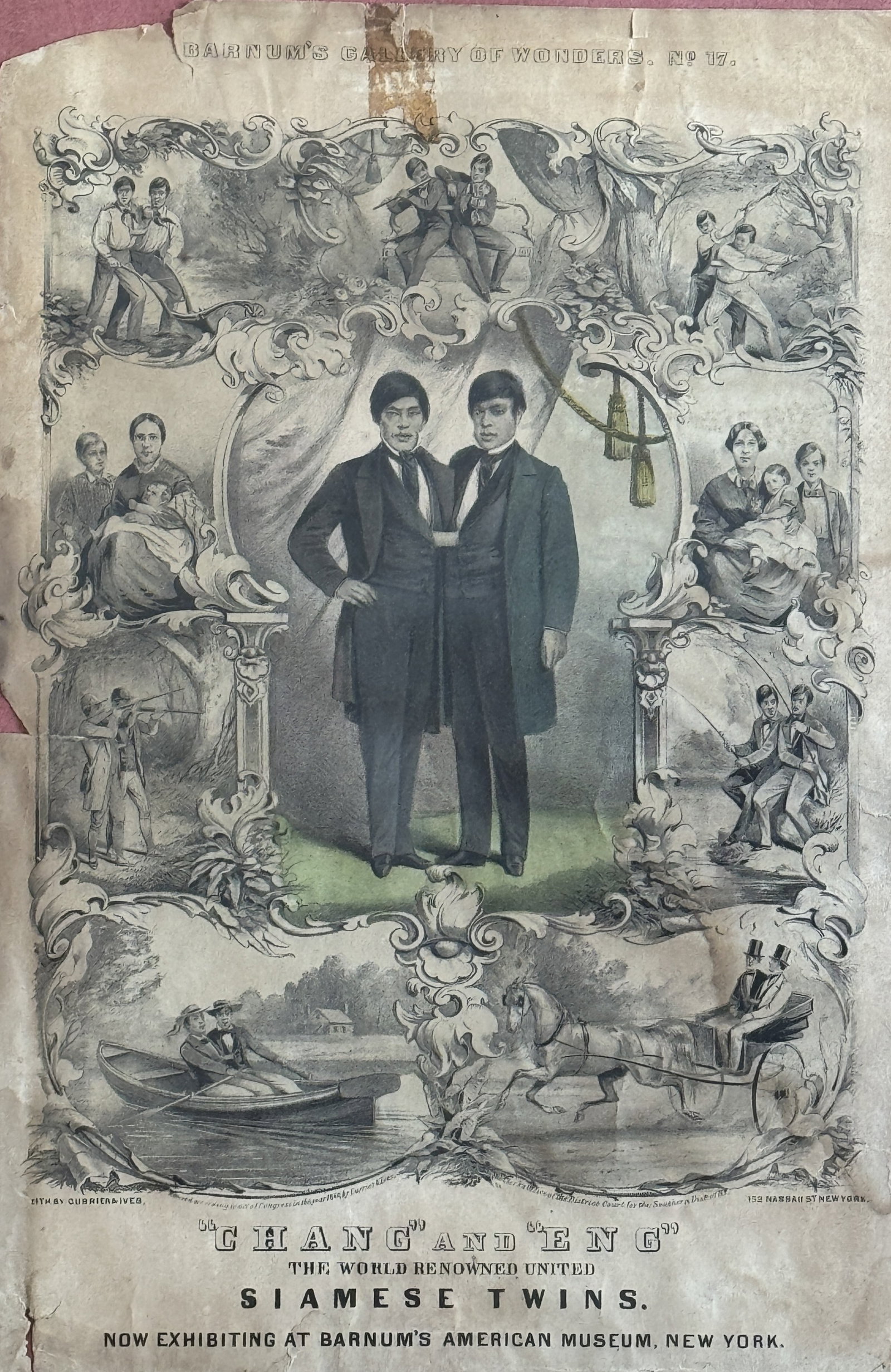 CURRIER AND IVES , "CHANG AND ENG" SIAMESE TWINS BARNUM AND BAILEY PRINT ON PAPER. 15" X 18" FRAMED (1 of 4)