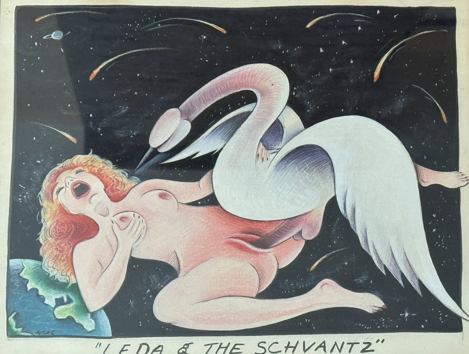ARNIE CHARNICK? "LEDA AND THE SCHVANTZ" WATERCOLOR ON PAPER, 21" X 17": ARNIE CHARNICK? "LEDA AND THE SCHVANTZ" WATERCOLOR ON PAPER, 21" X 17"