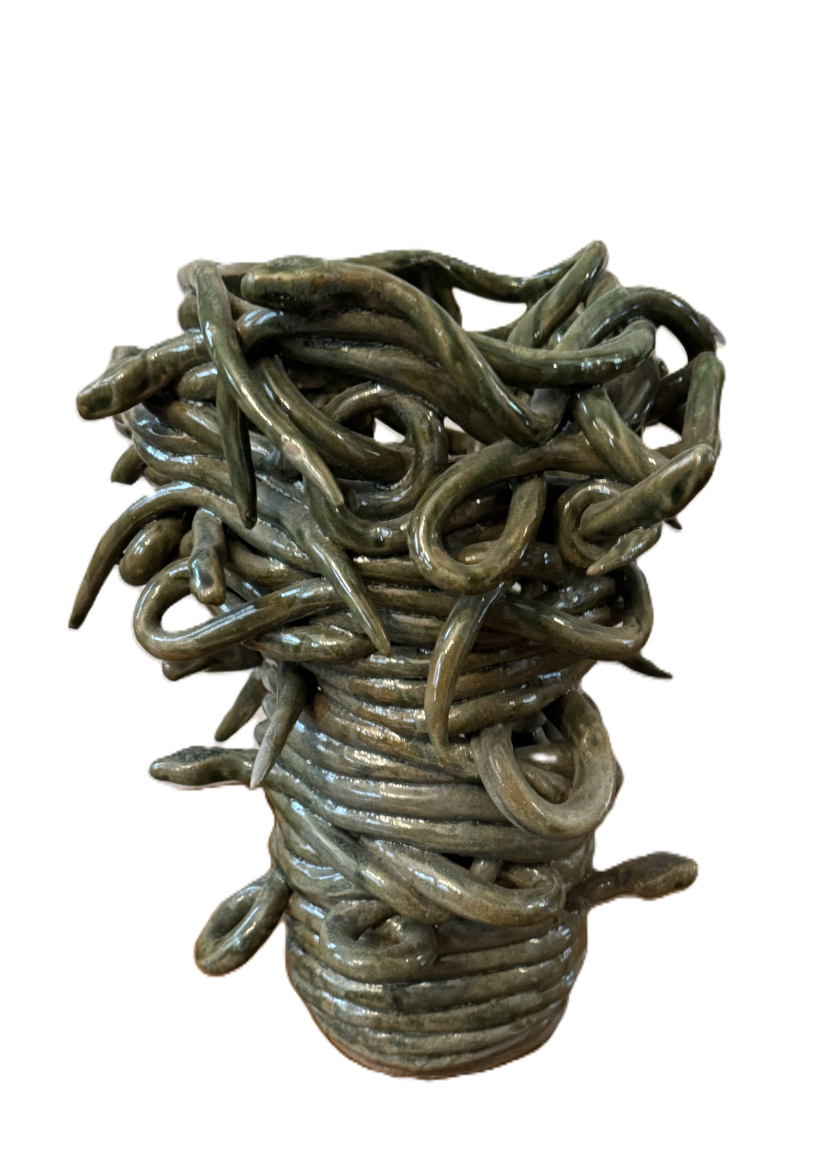 SNAKE NEST VASE, UNSIGNED GLAZED REDWARE HANDBUILT POTTERY VASE. 13" T X 10" D. (ONE SNAKE (1 of 5)