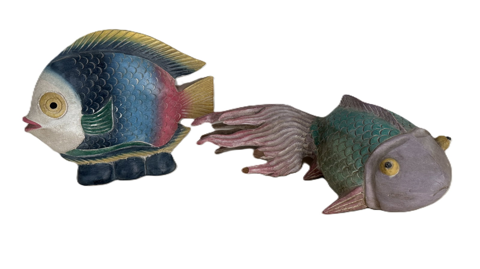 2 CARVED AND PAINTED WOOD FISH 15" X 7" , 11" X 9" (1 of 5)