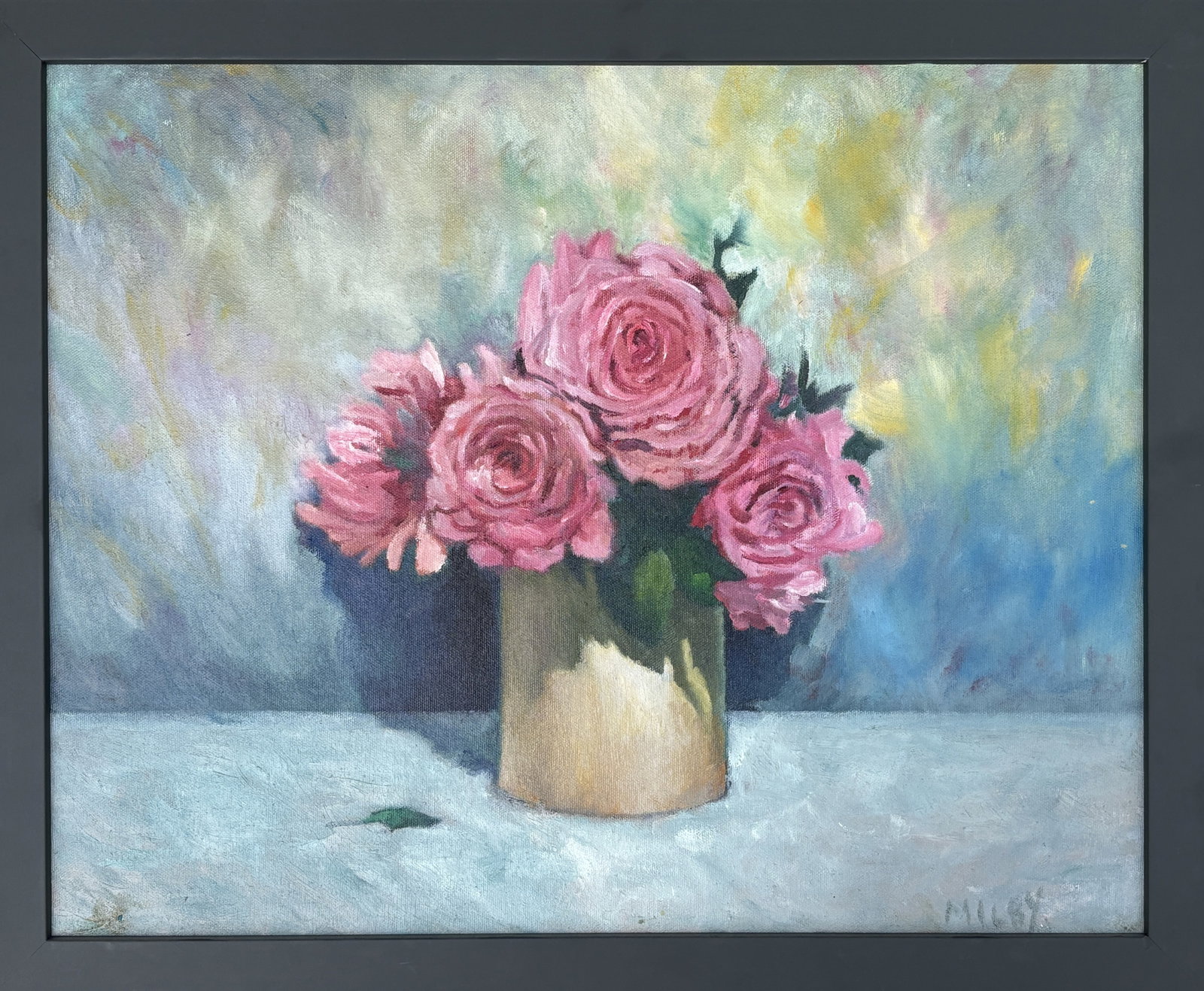 FRANK MILBY , " ROSES" OIL ON CANVAS , SIGNED, 18" X 22.5" , 15.5" X 20": FRANK MILBY , " ROSES" OIL ON CANVAS , SIGNED, 18" X 22.5" , 15.5" X 20"