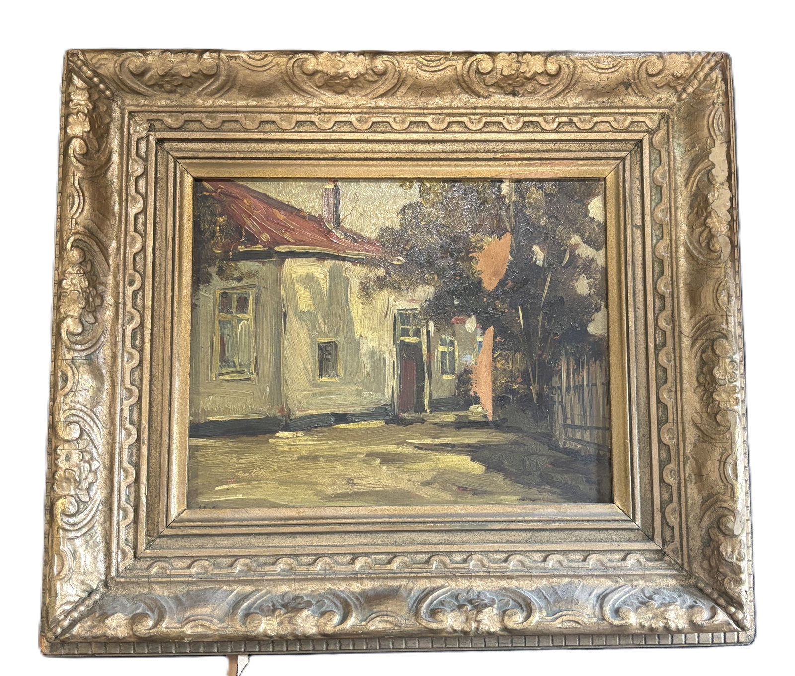 V.L. BOW, OIL ON BOARD OF A CAPE COTTAGE IN A GOLD GILT FRAME. 13.5" X 15.5", 7.5" X 9.5": V.L. BOW, OIL ON BOARD OF A CAPE COTTAGE IN A GOLD GILT FRAME. 13.5" X 15.5", 7.5" X 9.5"