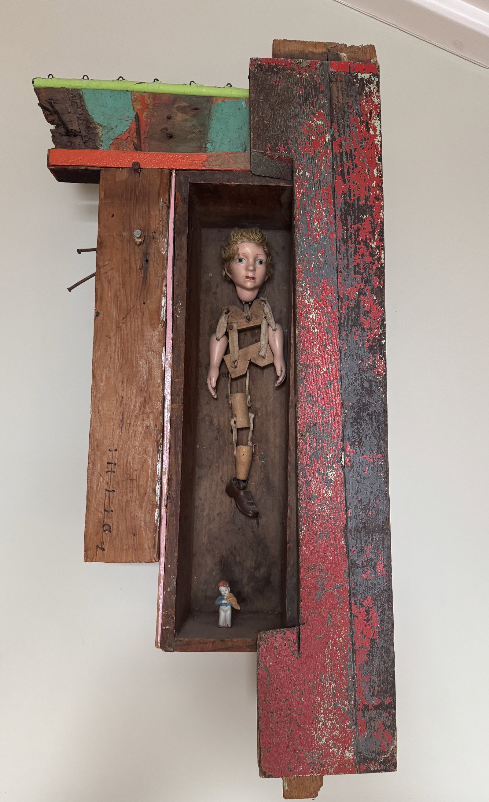 STEPH GORKII , MIXED MEDIA WOOD BOX WITH DOLL 28" X 14.5" X 5.5": STEPH GORKII , MIXED MEDIA WOOD BOX WITH DOLL 28" X 14.5" X 5.5"