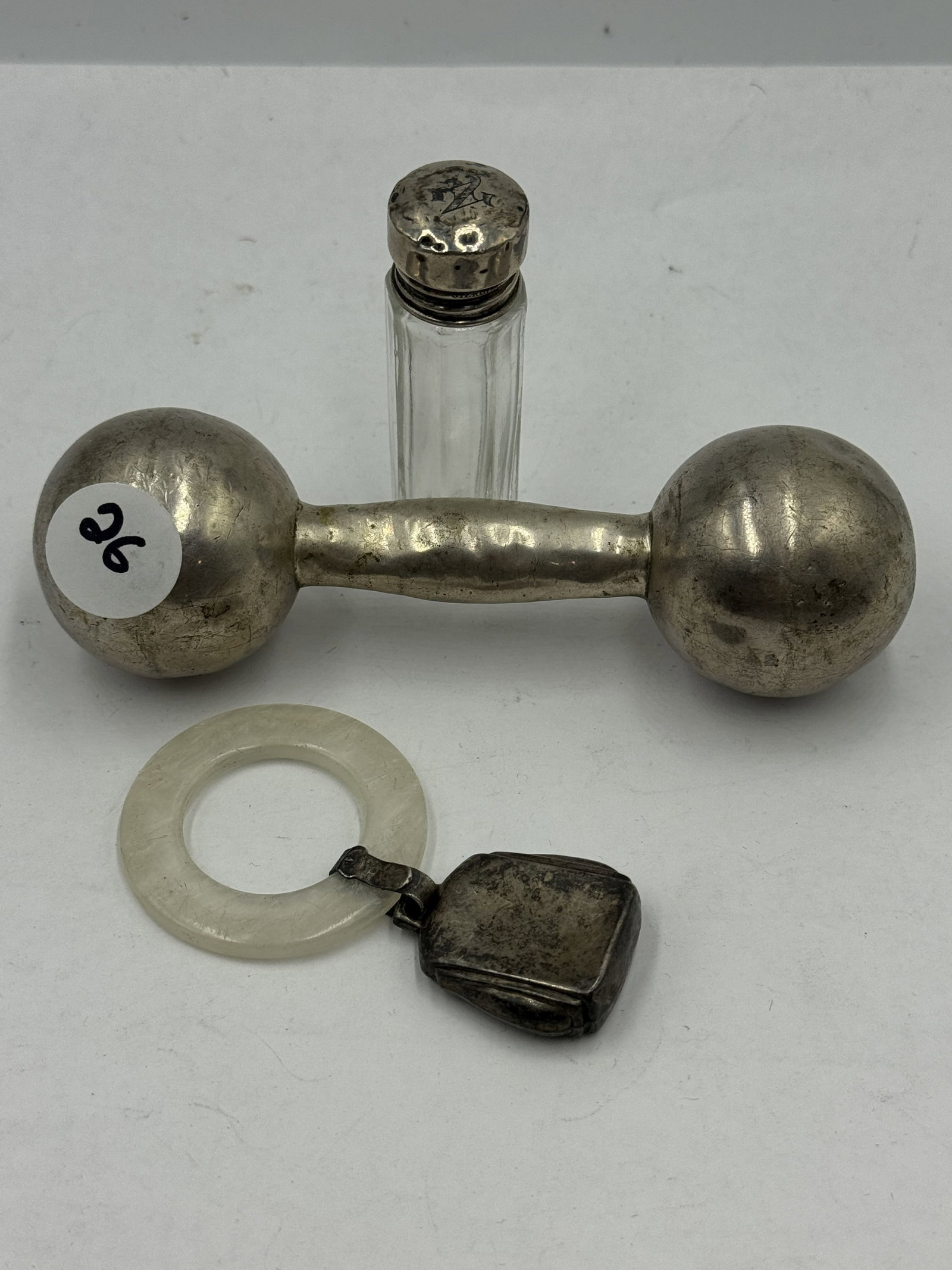 STERLING SILVER BABY RATTLE, TEETHER, AND COLOGNE BOTTLE (1 of 5)
