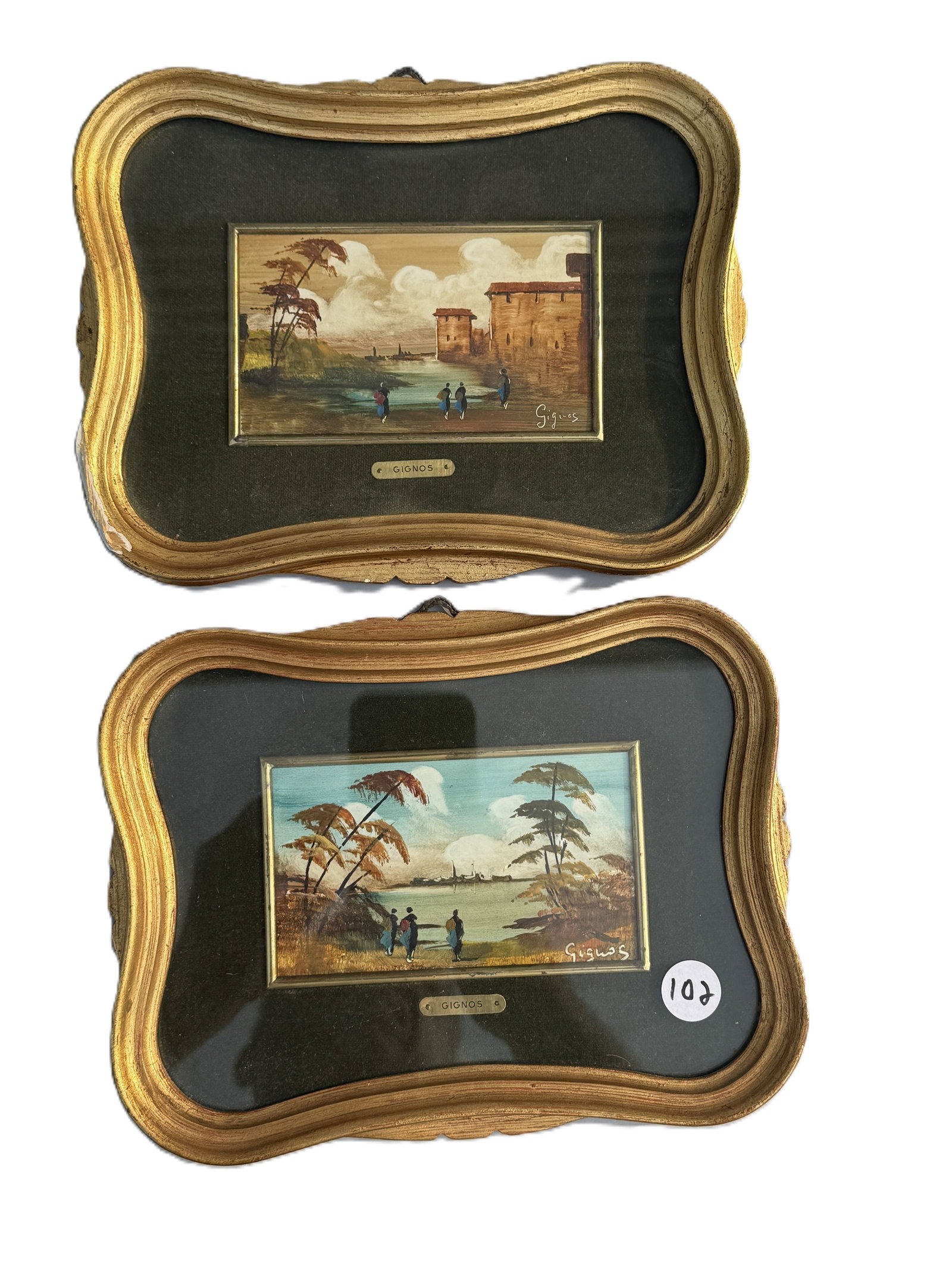 2 WATERCOLOR PAINTINGS IN MATCHING GILTWOOD FRAMES, 8.5" X 7" AND 4.5" X 2.75": 2 WATERCOLOR PAINTINGS IN MATCHING GILTWOOD FRAMES, 8.5" X 7" AND 4.5" X 2.75"