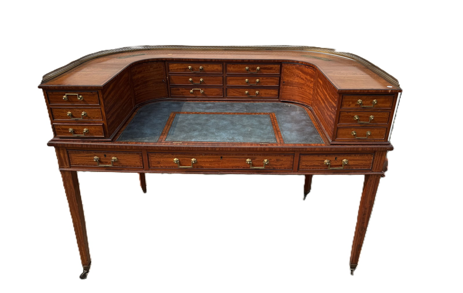 GEORGE THE III MAHOGANY CARLTON HOUSE DESK W/ GALLERY AND BRASS LETTER SLOTS: GEORGE THE III MAHOGANY CARLTON HOUSE DESK W/ GALLERY AND BRASS LETTER SLOTS