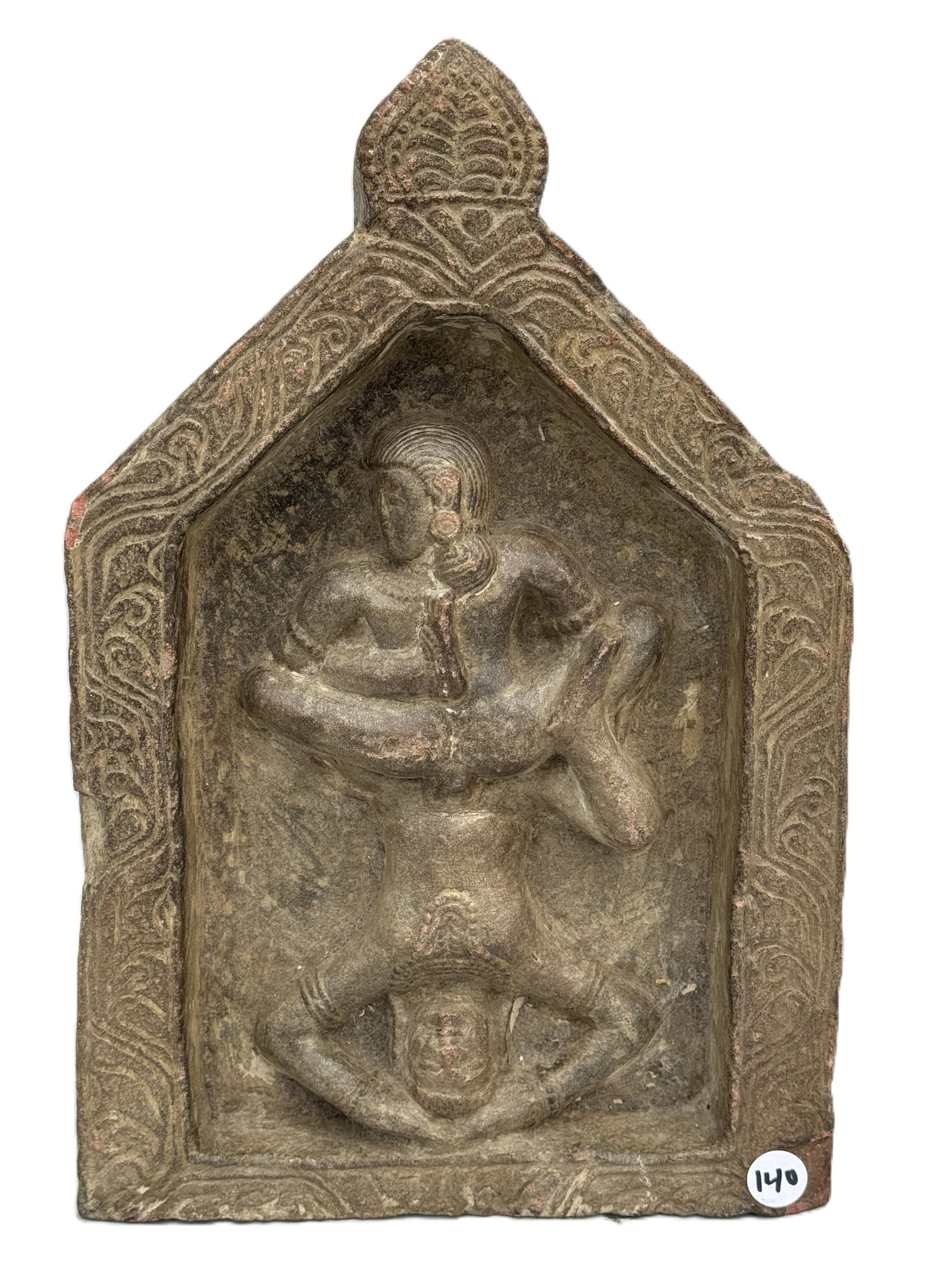 EARLY CARVED INDIAN STONE WITH EROTIC SCENE, 14" X 9.5" X 3": EARLY CARVED INDIAN STONE WITH EROTIC SCENE, 14" X 9.5" X 3"