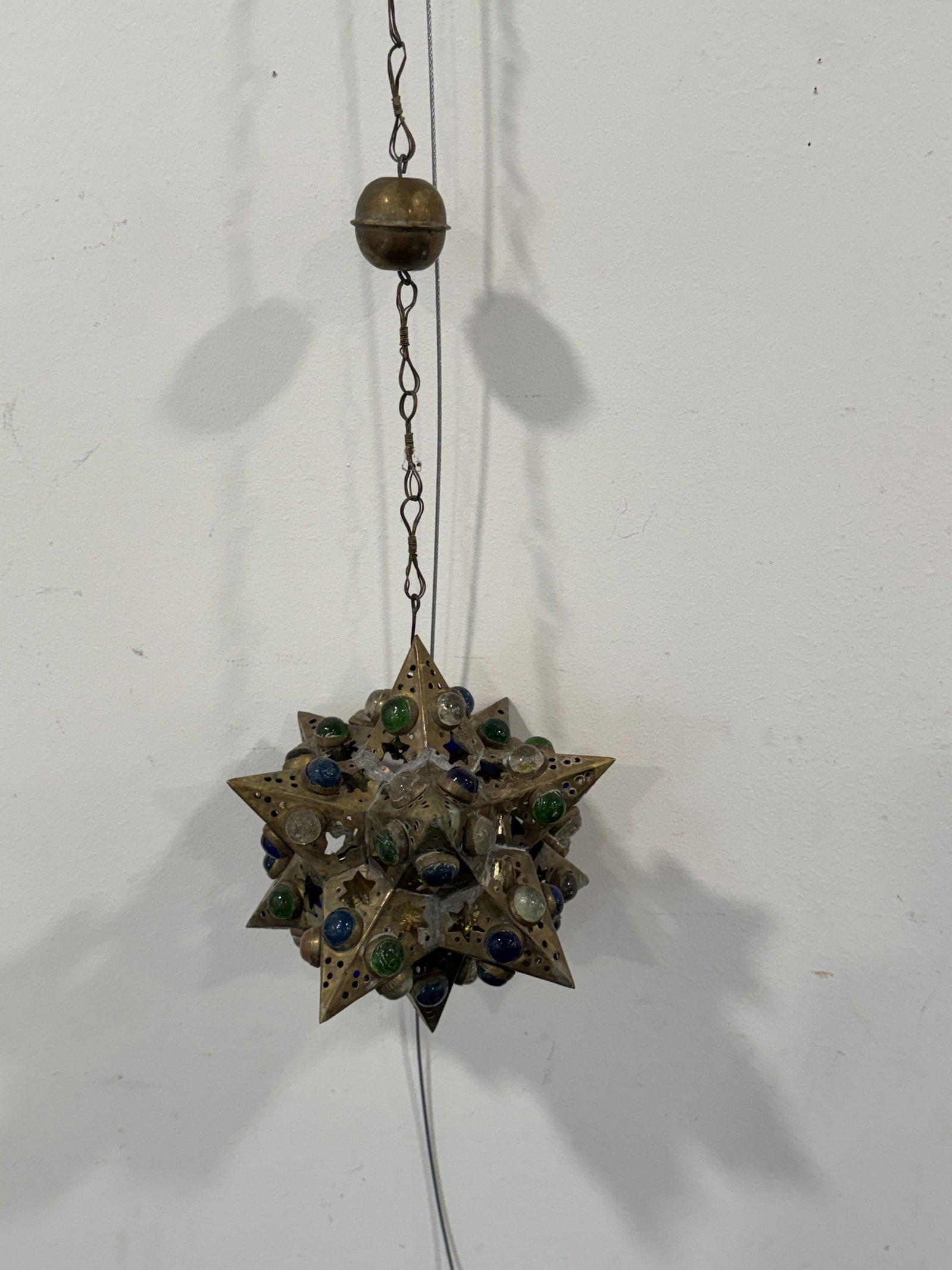 MIDDLE EASTER PENDANT LIGHT W/ GEMSTONES, 7" X 7" X 3.5" PENDANT, 23" LONG W/ CHAIN: MIDDLE EASTER PENDANT LIGHT W/ GEMSTONES, 7" X 7" X 3.5" PENDANT, 23" LONG W/ CHAIN