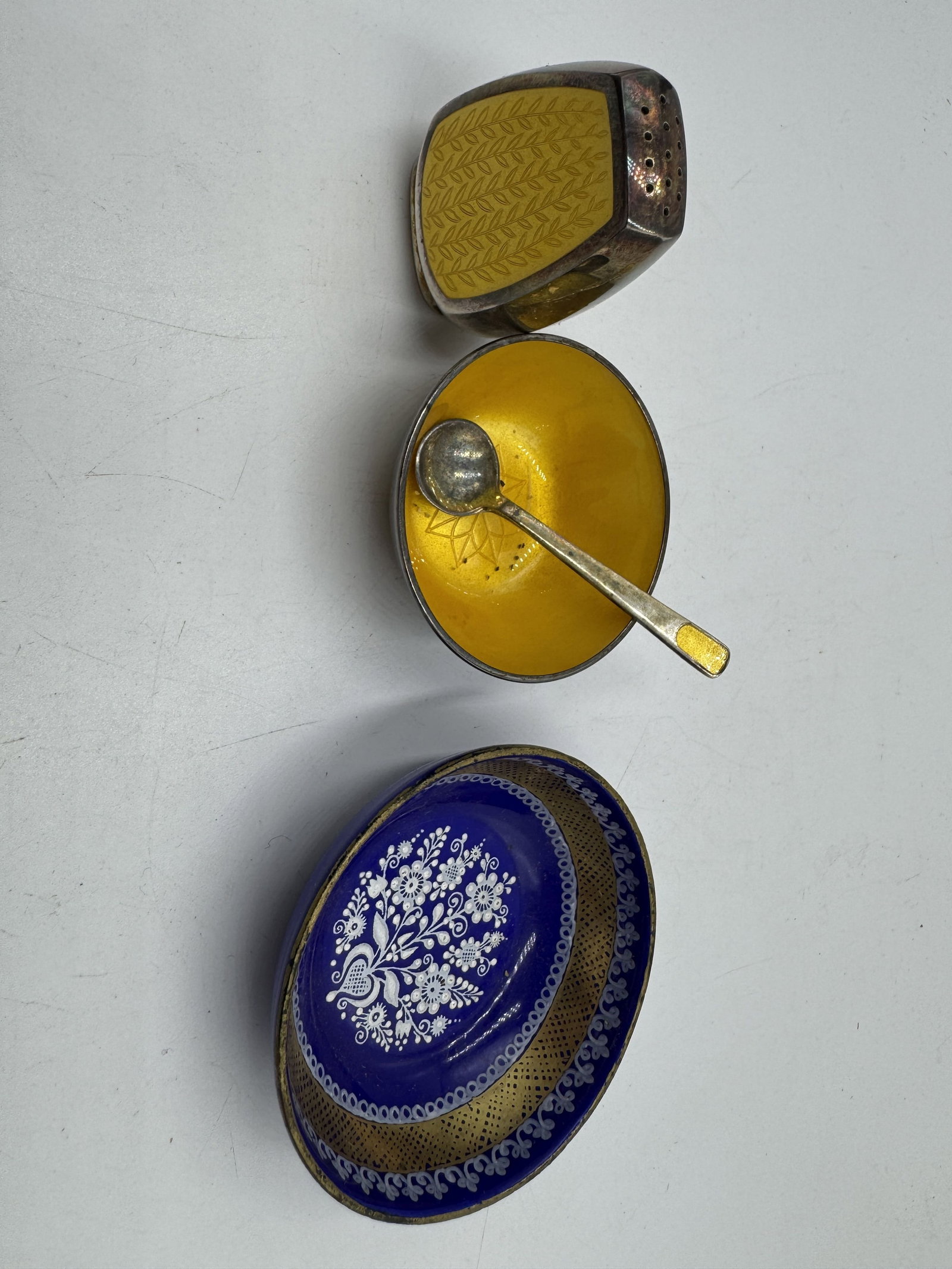 AUSTRIAN ENAMEL OVER SILVER SMALL DISHES AND SHAKER A NICHELSEN (1 of 6)