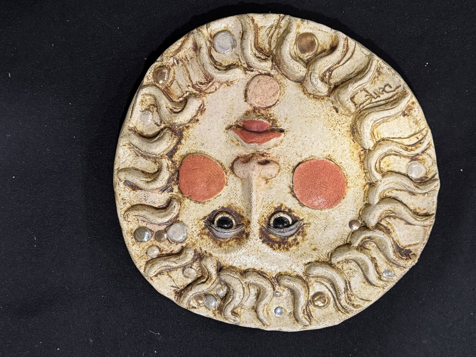 HANDMADE POTTERY PLAQUE OF A SUN, 10" DIAMETER (1 of 3)