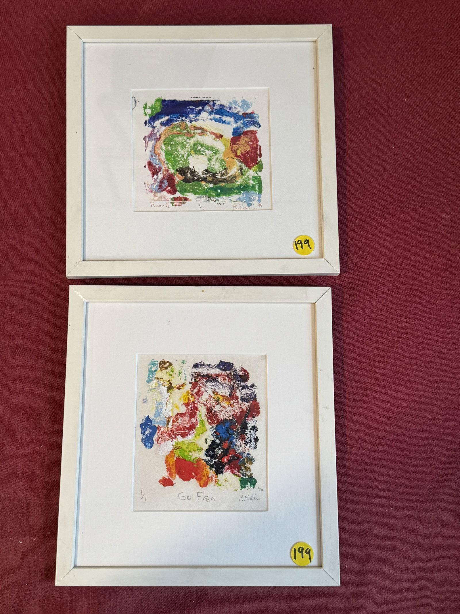 2 RAY NOLIN MONO PRINTS, 10" X 9" AND 9.5" X 9.5": 2 RAY NOLIN MONO PRINTS, 10" X 9" AND 9.5" X 9.5". ITEM FROM THE COLLECTION OF RONALD HAZEL