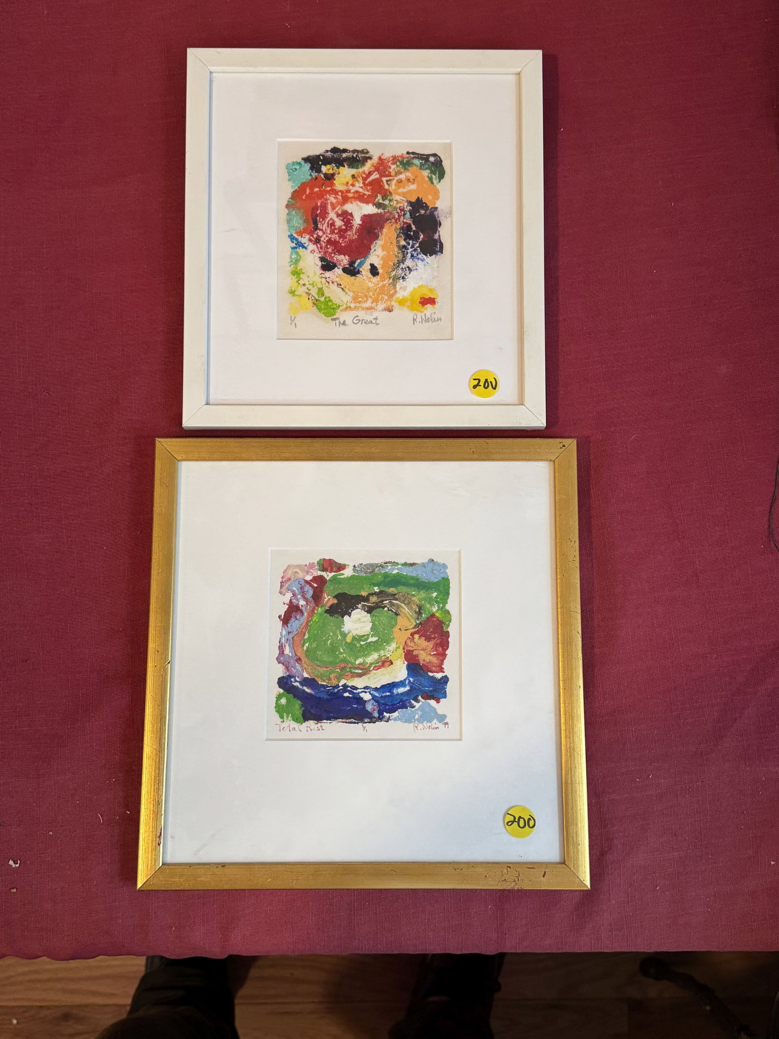 2 RAY NOLIN MONO PRINTS, 10.75" X 10.75" AND 10" X 9.25": 2 RAY NOLIN MONO PRINTS, 10.75" X 10.75" AND 10" X 9.25". ITEM FROM THE COLLECTION OF RONALD HAZEL