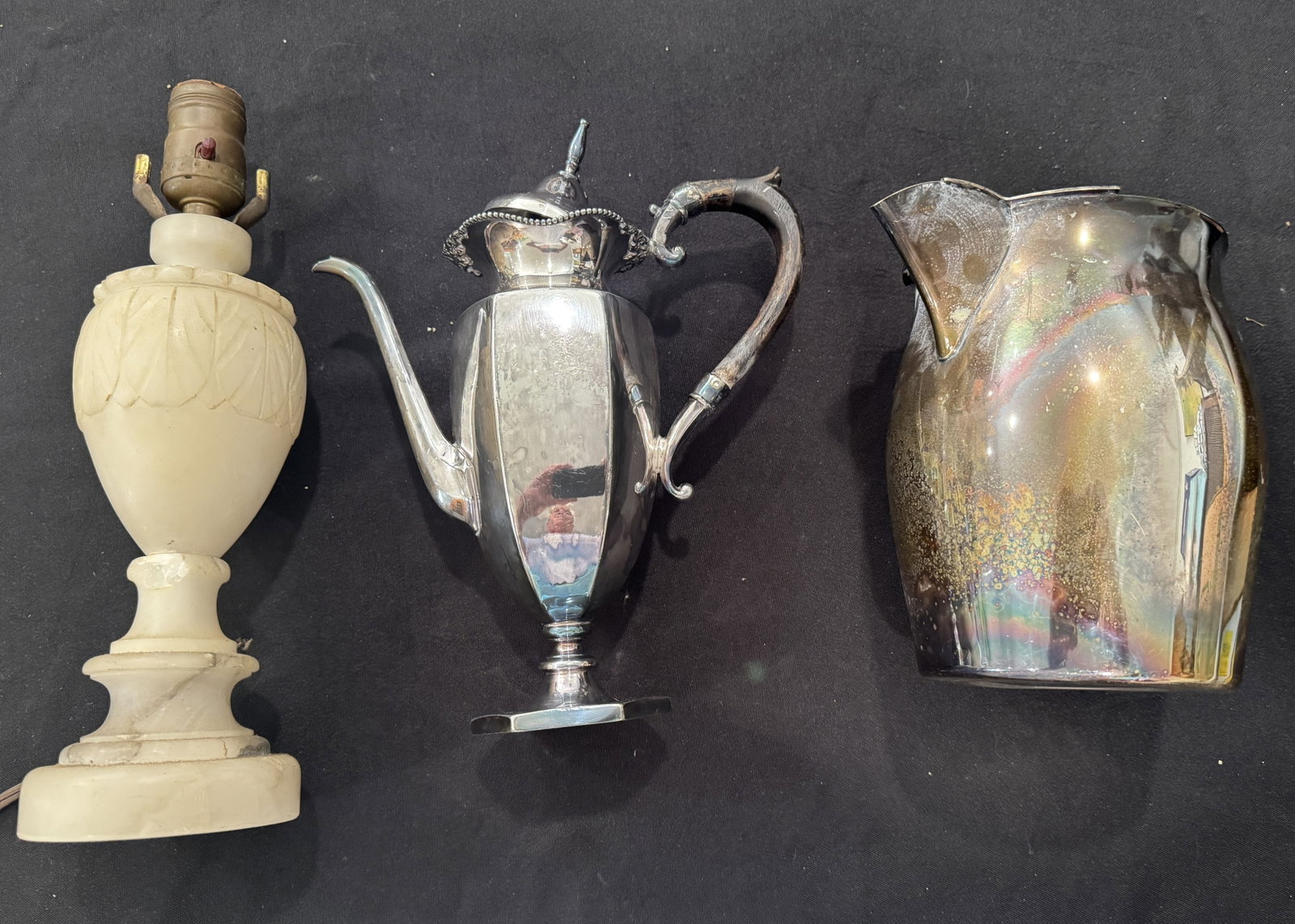 MARBLE LAMP AND 2 PIECES SILVER PLATE: MARBLE LAMP AND 2 PIECES SILVER PLATE