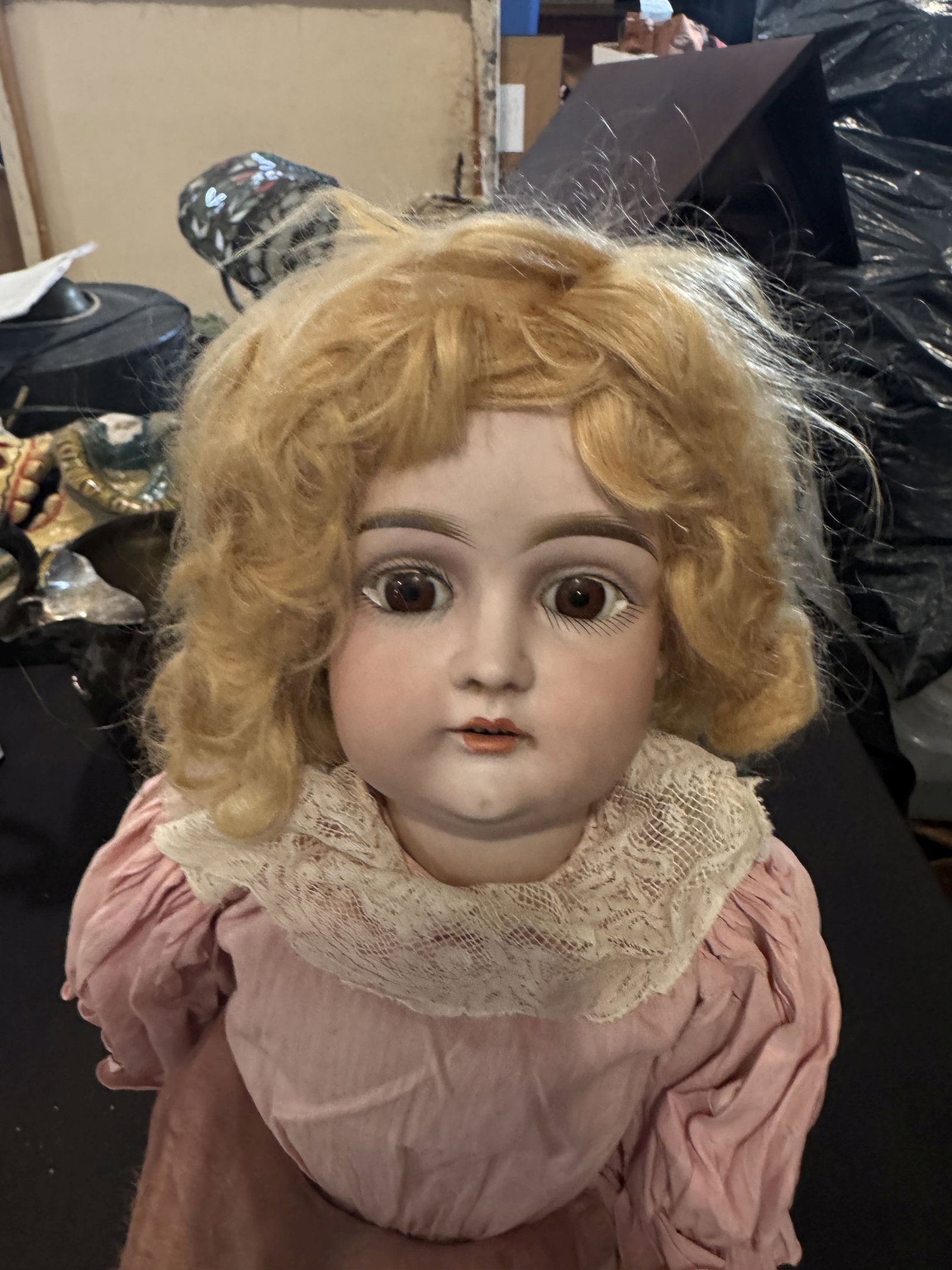 ANTIQUE GERMAN PORCELAIN HEAD DOLL W/ JOINTED COMPOSITION BODY, EXTRA CLOTHES. 22" TALL (1 of 5)