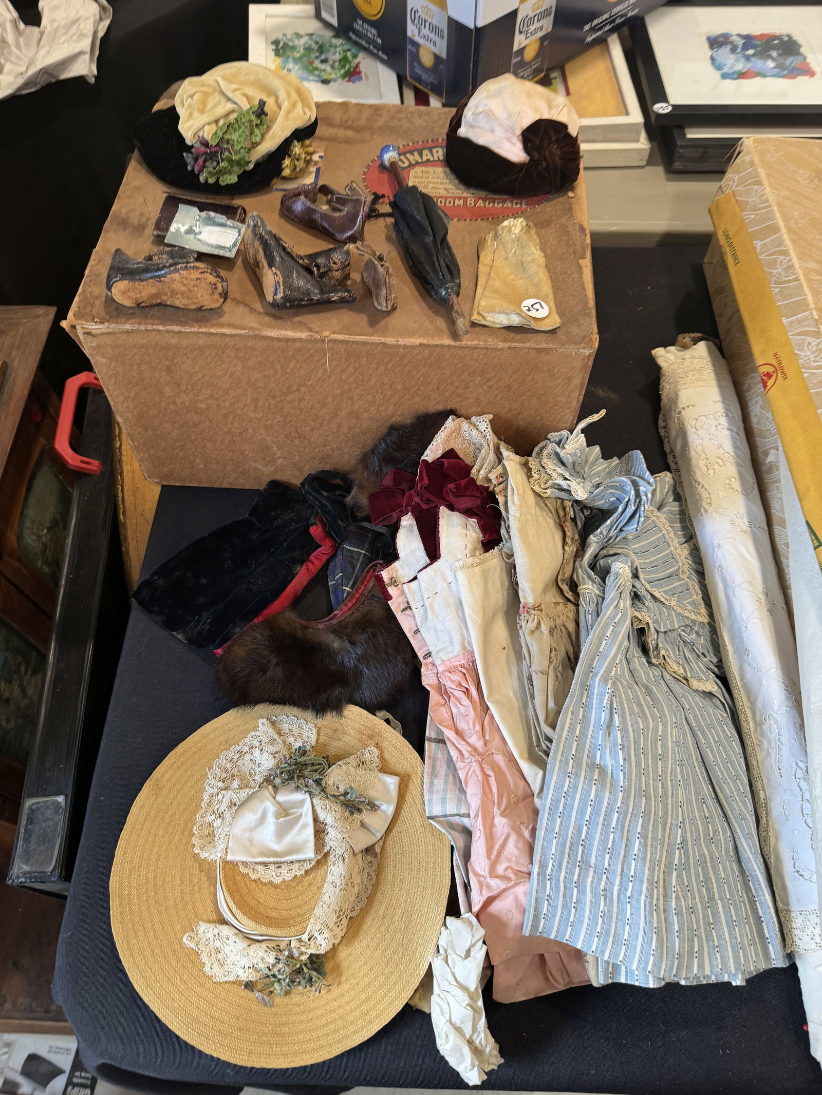 LOT OF ANTIQUE DOLL CLOTHES IN CUNARD QUEEN MARY BOX (1 of 1)