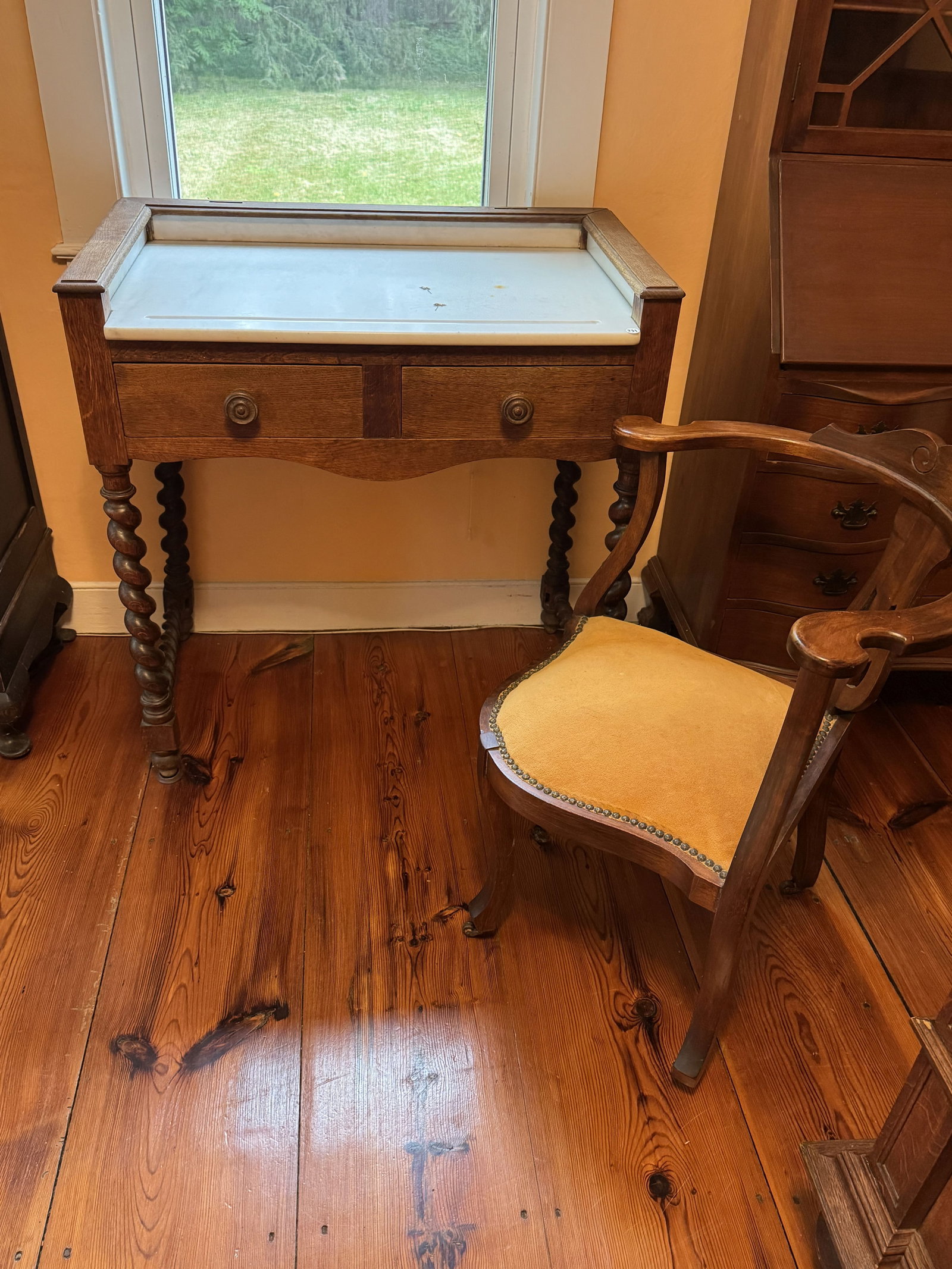 MARBLE TOP DESK W/ CHAIR, 35" X 21" X 33.5": MARBLE TOP DESK W/ CHAIR, 35" X 21" X 33.5"