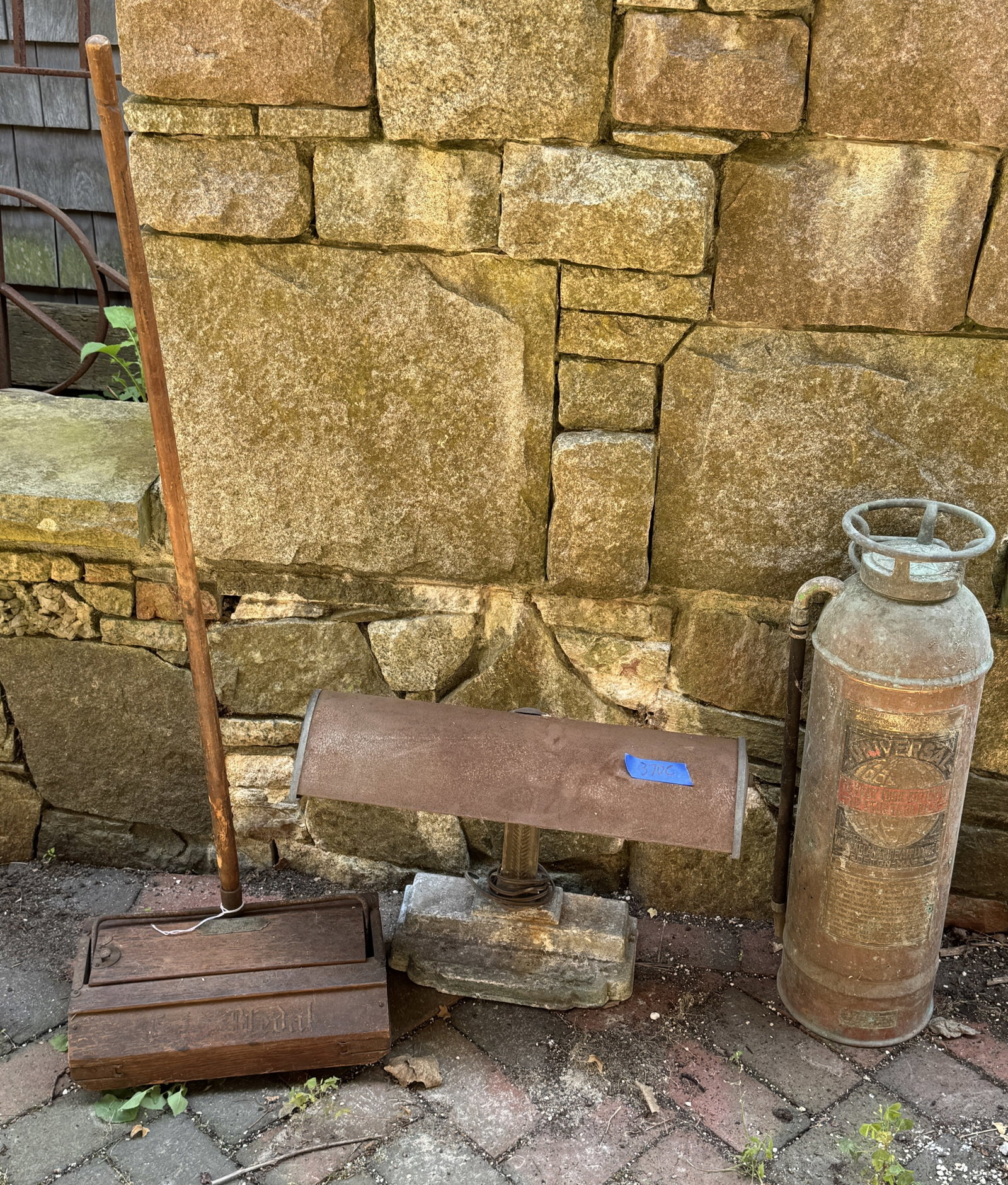 ANTIQUE COPPER FIRE EXTINGUISHER, WOODEN SWEEPER, ETC (1 of 5)