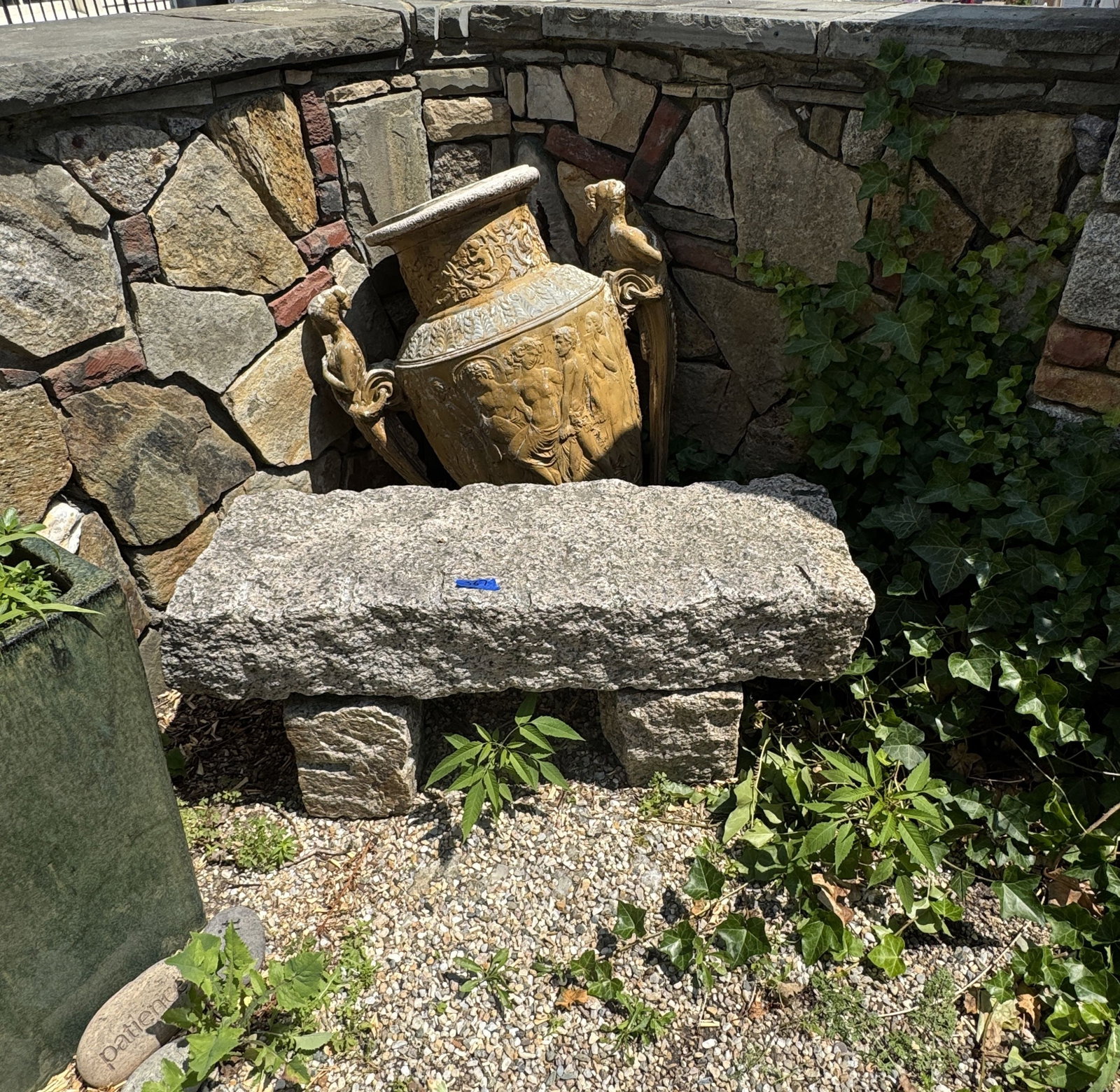GRANITE GARDEN BENCH AND 2 COMPOSITION PLANTERS: GRANITE GARDEN BENCH AND 2 COMPOSITION PLANTERS. THIS ITEM MUST BE PICKED UP ON OR BEFORE FRIDAY, AUGUST 7TH, 2026 AT 4 CENTER ST IN PROVINCETOWN, MA. PLEASE REACH OUT PRIOR TO BIDDING WITH ANY
