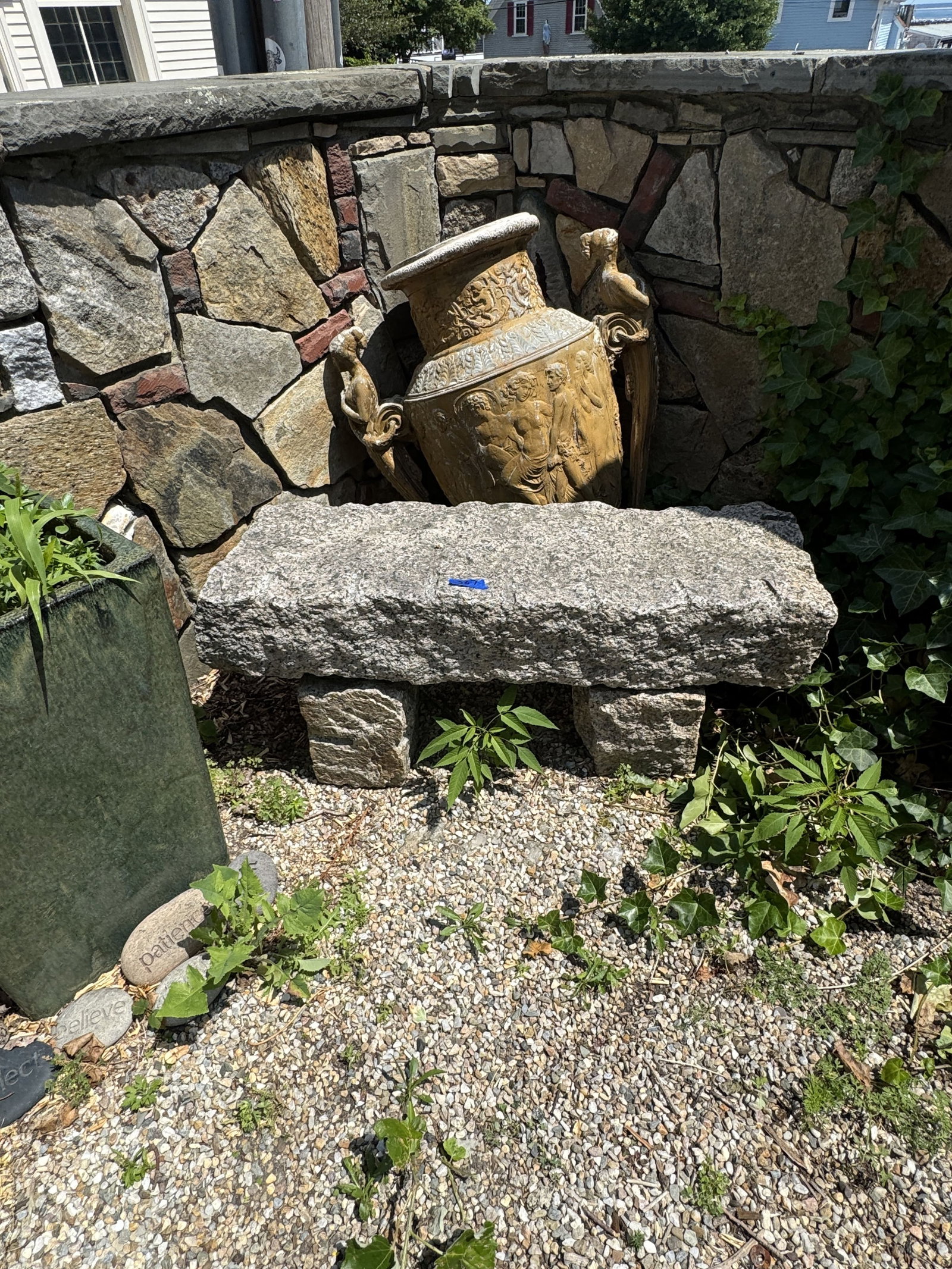 GRANITE GARDEN BENCH AND 2 COMPOSITION PLANTERS 44L"X 14D" 18"T, - 2