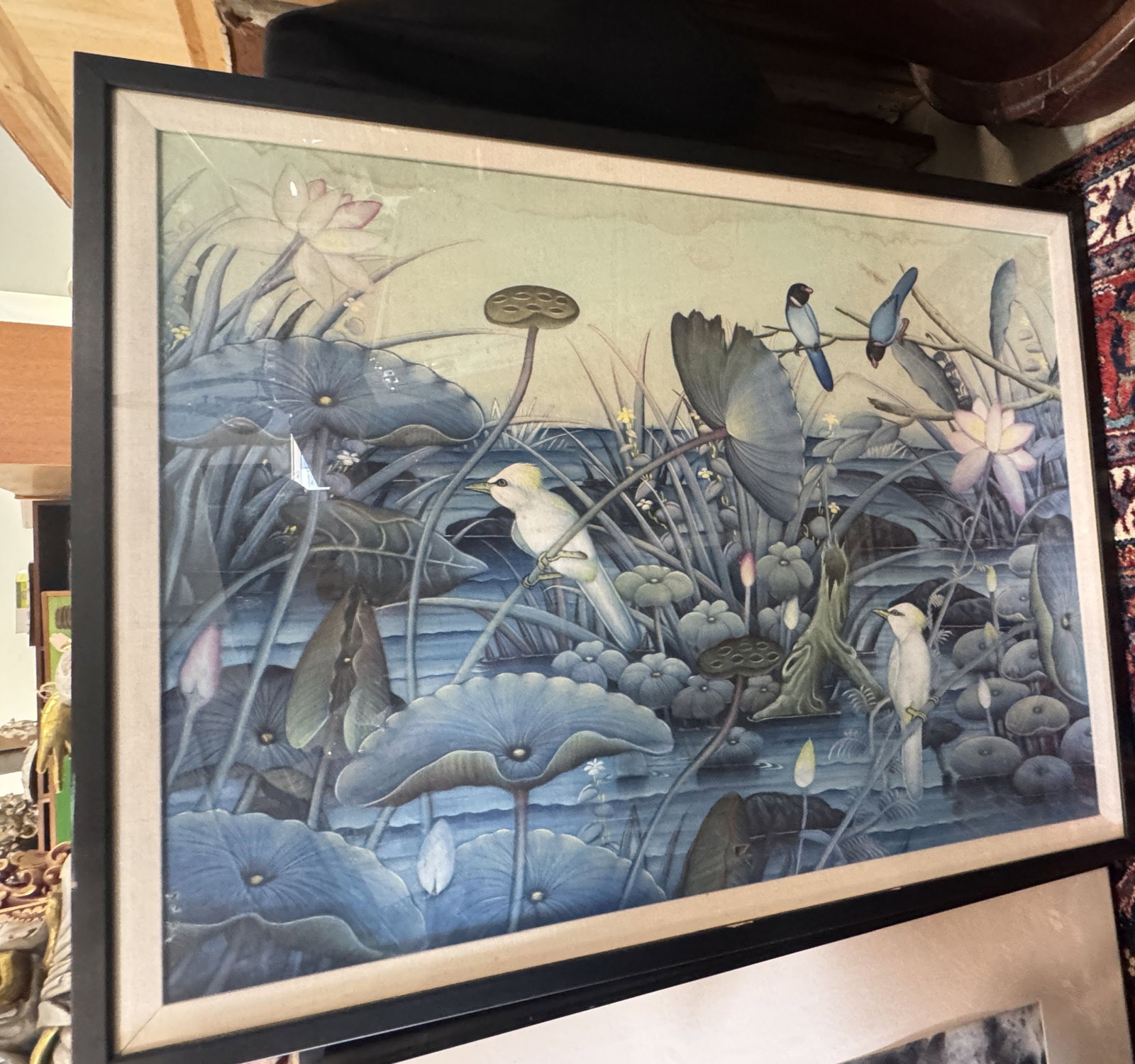 FRAMED PAINTING ON FABRIC OF BIRDS, 26" X 34" FRAMED AND 22" X 30" SIGHT (1 of 6)