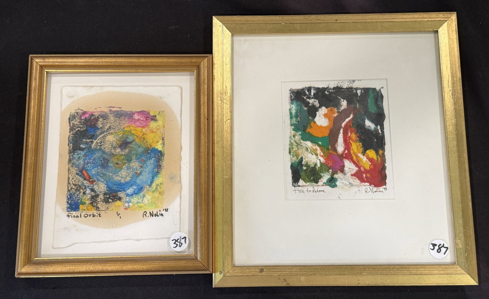 2 RAY NOLIN MONO PRINTS, 7.5" X 9.5" AND 10.5" X 12": 2 RAY NOLIN MONO PRINTS, 7.5" X 9.5" AND 10.5" X 12". ITEM FROM THE COLLECTION OF RONALD HAZEL