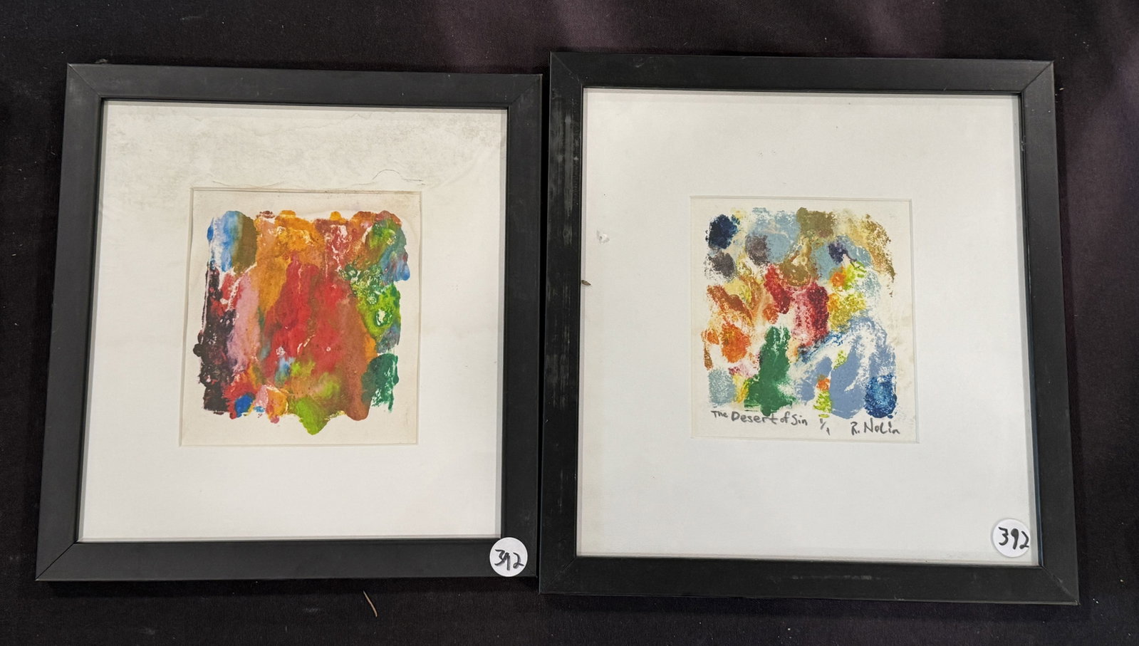 2 RAY NOLIN MONO PRINTS, 9.5" X 9.5" AND 11.5" X 12.5": 2 RAY NOLIN MONO PRINTS, 9.5" X 9.5" AND 11.5" X 12.5". ITEM FROM THE COLLECTION OF RONALD HAZEL