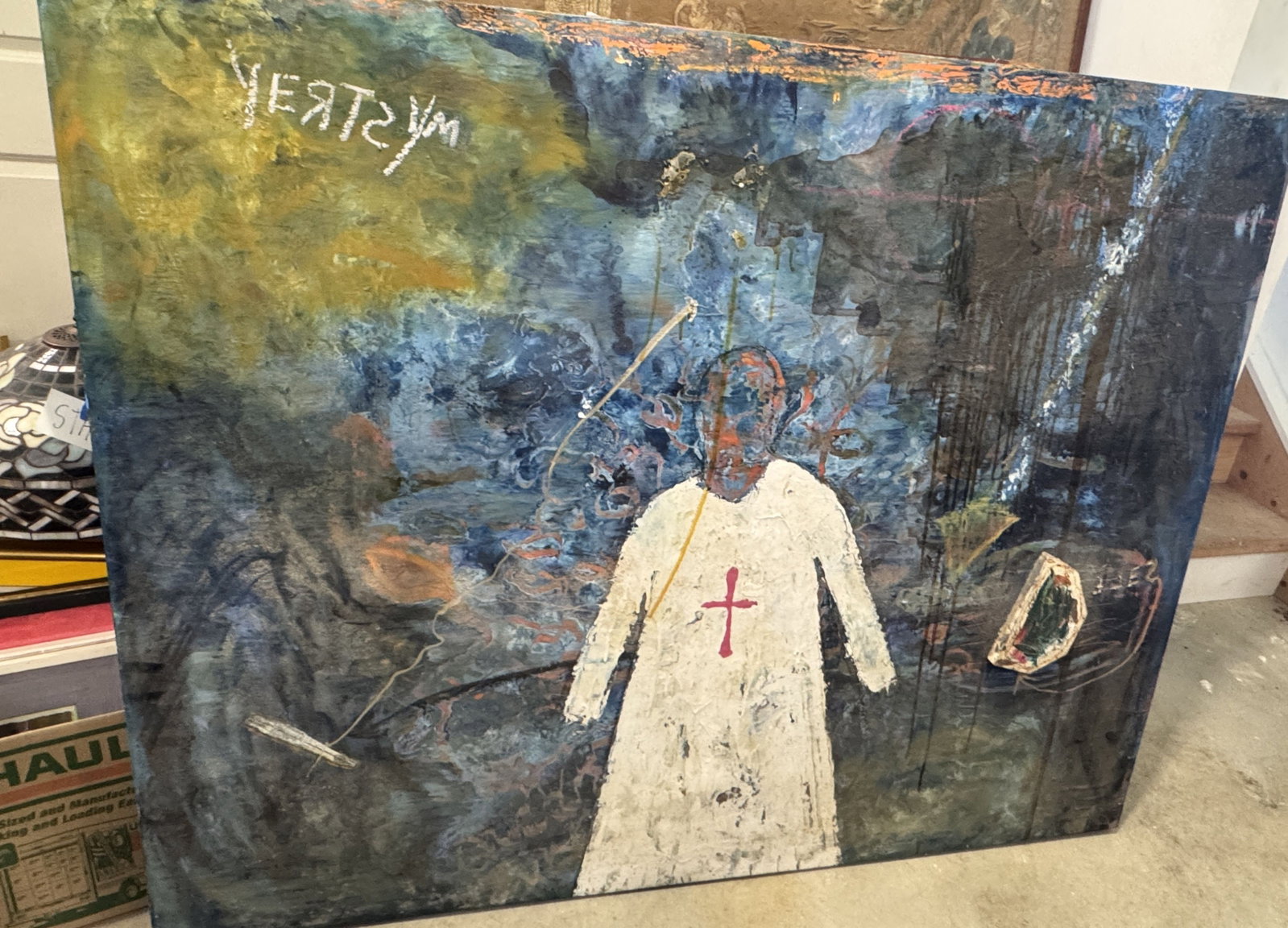 LARGE CONTEMPORARY PAINTING ON WOOD, UNSIGNED. 60" X 48.5": LARGE CONTEMPORARY PAINTING ON WOOD, UNSIGNED. 60" X 48.5". ITEM FROM THE COLLECTION OF RONALD HAZEL