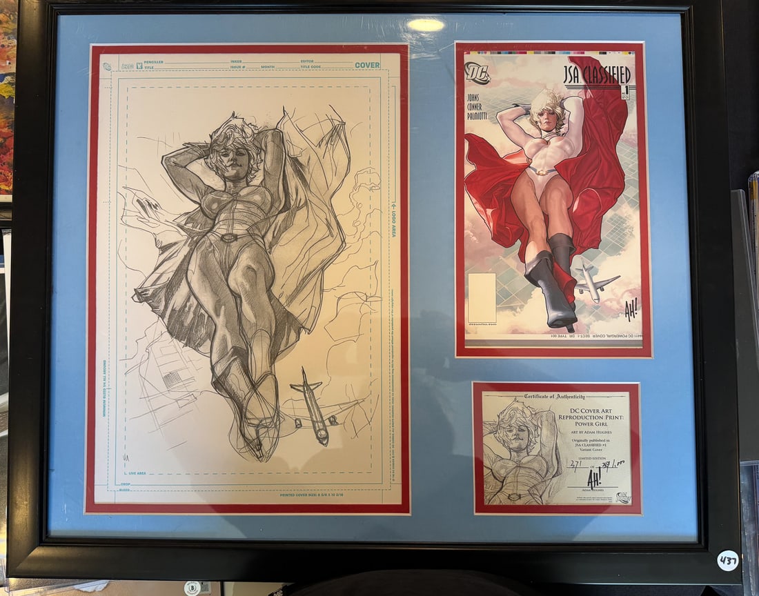 POWER GIRL #1 REPRODUCED SKETCH, FINAL COVER ART, AND CERTIFICATE OF AUTHENTICITY SIGNED ADAM: POWER GIRL #1 REPRODUCED SKETCH, FINAL COVER ART, AND CERTIFICATE OF AUTHENTICITY SIGNED ADAM HUGHES, 26.5" X 22.5" FRAMED