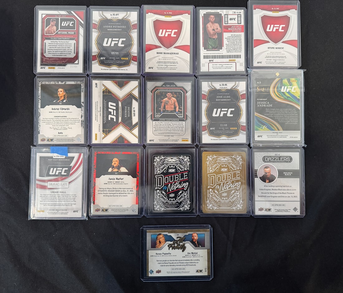 16 UFC AND AEW CARDS, 9 SIGNED - 2