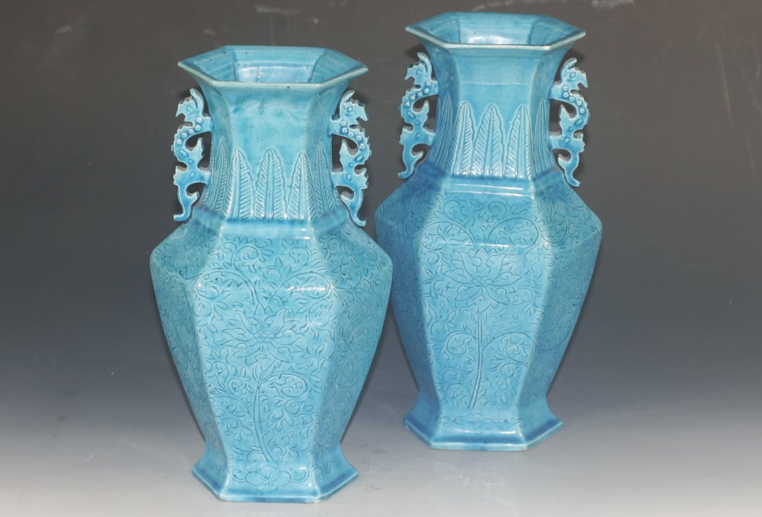 Pair Chinese Blue Glazed Hexagon Shaped Porcelain Vase: porcelain vase, china, mid 20c, fine carved peony and plantain pattern on body, carved dragon shaped handle on the shoulder. With carved china mark on base. 11''X 6.5''