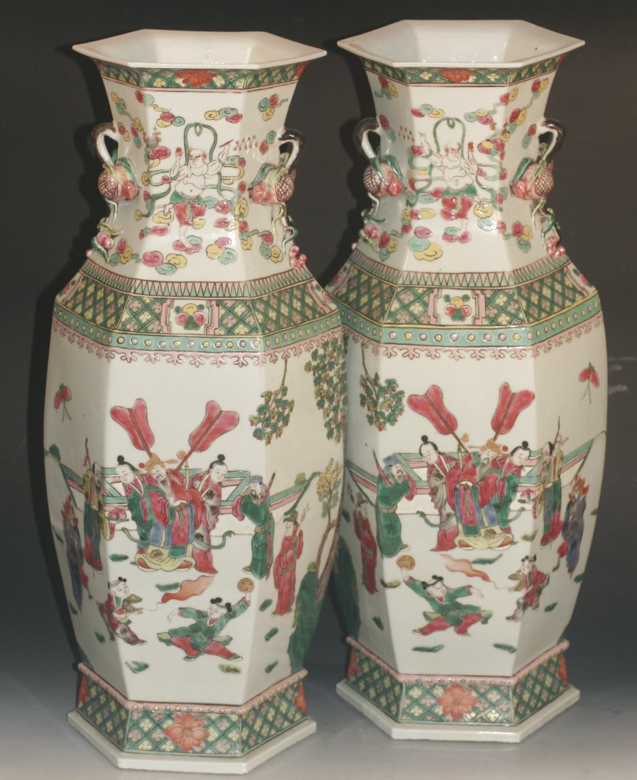 Pair Tongzhi Period Famille Rose Vase: Famille rose vase, china, Tongzhi Period, hexagon shaped with carved peach handle, decorated with Chinese war story. 23''H