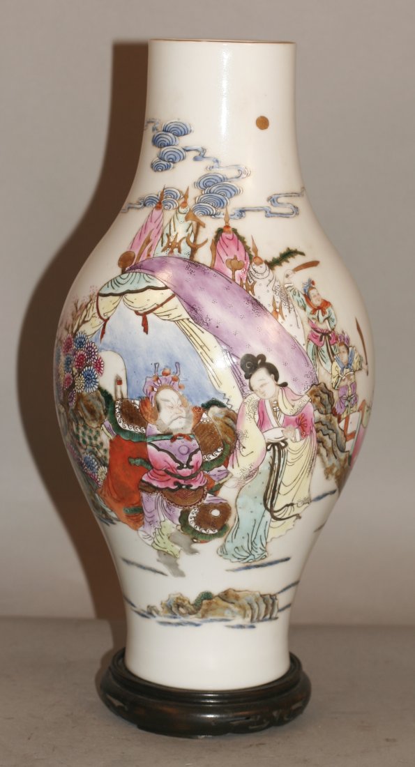 Olives Shaped Famille Rose Vase: Porcelain vase, China, 19 C, Olives shaped decorated with war story. Red seal mark on base with hardwood stand. 13 1/2"H