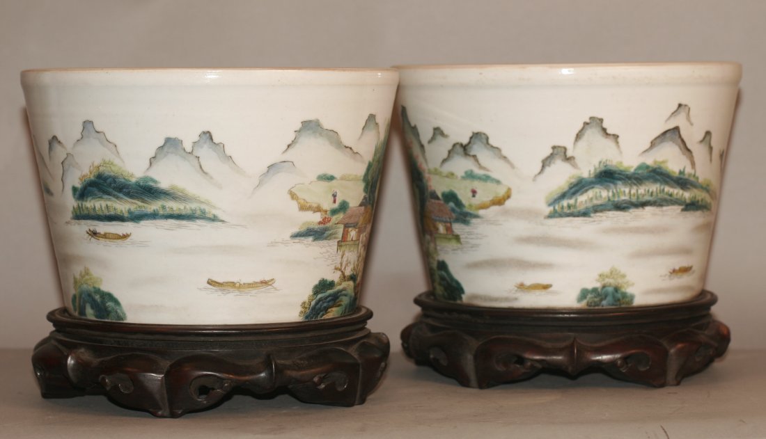 Pair Famille Rose Porcelain Flower Pot: Porcelain flower pots, China, Later 19 to early 20 c. decorated with Famille Verte view of landscape. 6" X 8 1/2"