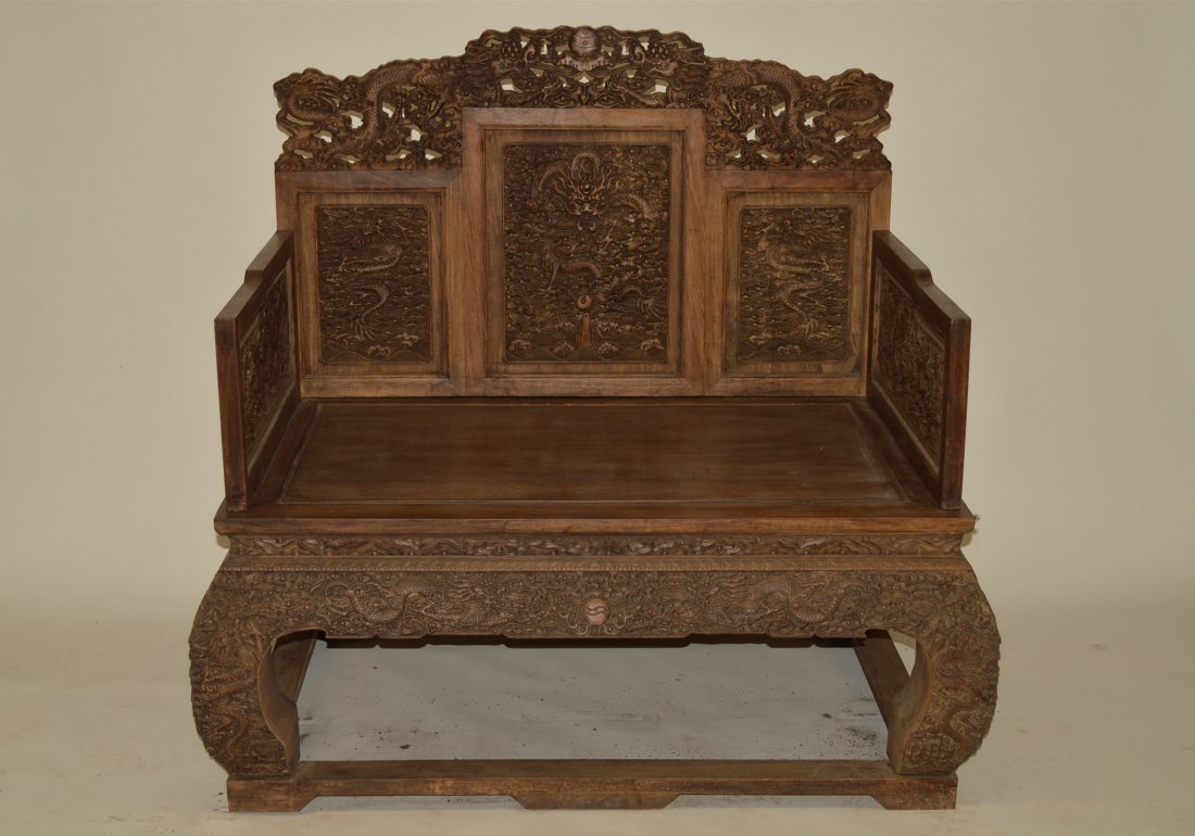 Large And Rare Huanghuali wood Throne: Huanghuali wood throne, China, decorated with finely carved dragon pattern. 49" X 35" X 50"