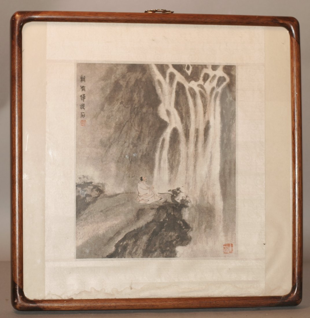 Fu Baoshi Watercolor Painting on Framed: Painting on paper, china, signed Fu Baoshi, decorated with figure and landscape. 18 1/2" X 18 1/2"