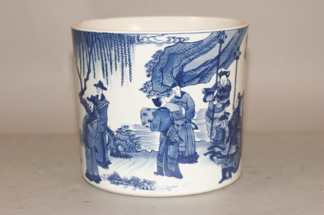 Blue And White Brush Pot: Brush pot, china, decorated with Chinese war story , and four Chinese character mark on base. 6" X 7"