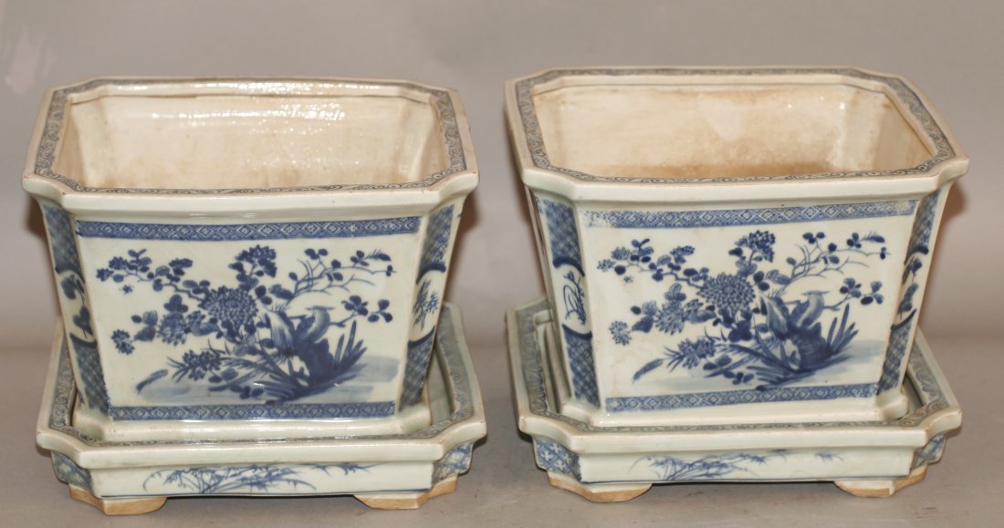 Pair Blue And White Porcelain Flower Pot: Porcelain Pot, china, decorated with flower pattern. With porcelain stand. 7" X 9 1/2"