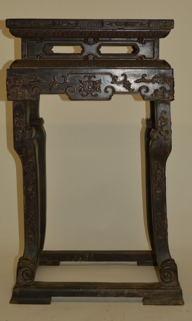 Carved Chinese Zitan Wood Stand: Zitan wood stand. Square shaped. Carved with bats pattern. 32" X 18" X 13"