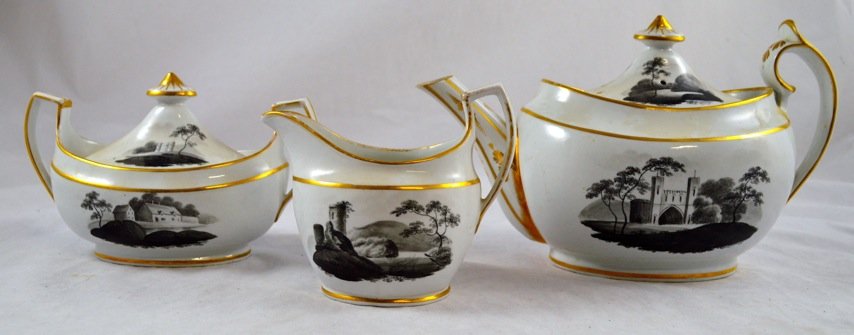 Soft Paste Scenic Luncheon Service: 40 Piece Soft Paste Scenic Luncheon Service. Cups measure 2.25'' high, teapot measures 6'' high. Some wear, consistent with age- but no major chips or cracking.