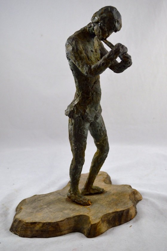 Artist- Signed Bronze Sculpture: Bronze Sculpture of Man Playing Flute, signed ''Ellen Waldov.'' 13'' height.