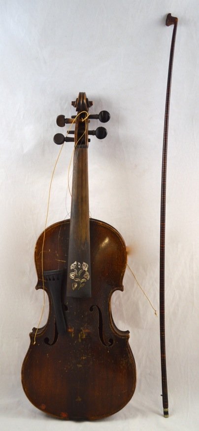 Early Violin with Mother of Pearl Inlaid Neck: Early Violin with Mother of Pearl Inlaid Neck and a 2 piece Tiger Maple Back. Includes case and bow. 23'' long. Needs repair.