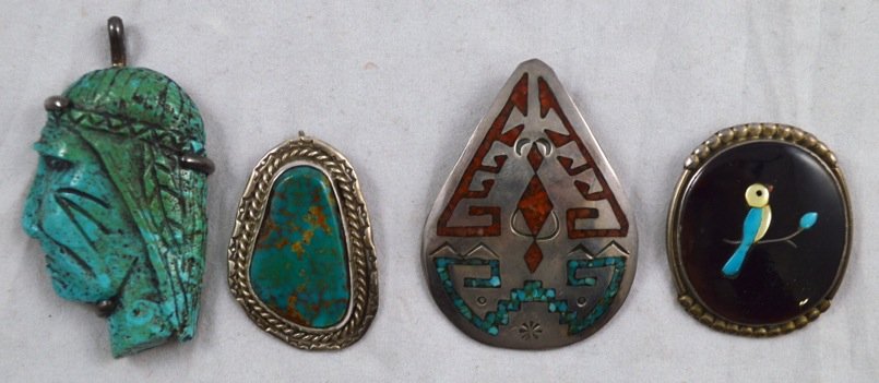4 Native American Sterling Silver and Turquoise: 4 Native American Sterling Silver and Turquoise Inlaid Pendants. Two are artist-signed, ''D. Allison'' Zuni tribe. 2.25 toz.