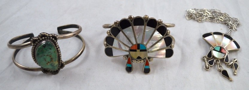 2 Native American Sterling Silver Cuffs, 1 Necklace: 2 Native American Sterling Silver, Turquoise and Mother of Pearl Cuffs. Artist-signed ''Rose Tekala,'' ''J. Yazzie '35,'' and ''Juan & Charlene Chico. Zuni Tribe.'' Necklace: 23'' long. Cuff: 2.5'' in