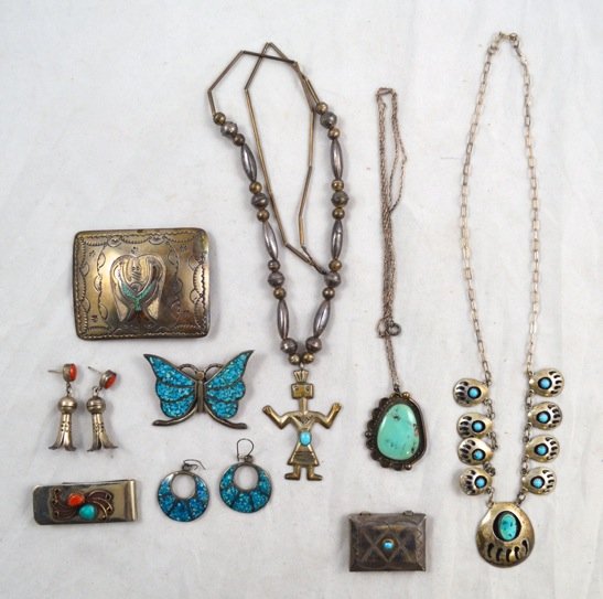 Native American Sterling Silver and Turquoise Jewelry: Native American Sterling Silver and Turquoise Jewelry. 3 Necklaces, 1 Butterfly Pin, 1 Money Clip, 2 Pairs of Earrings, 1 Pill Box. 4.67 toz.