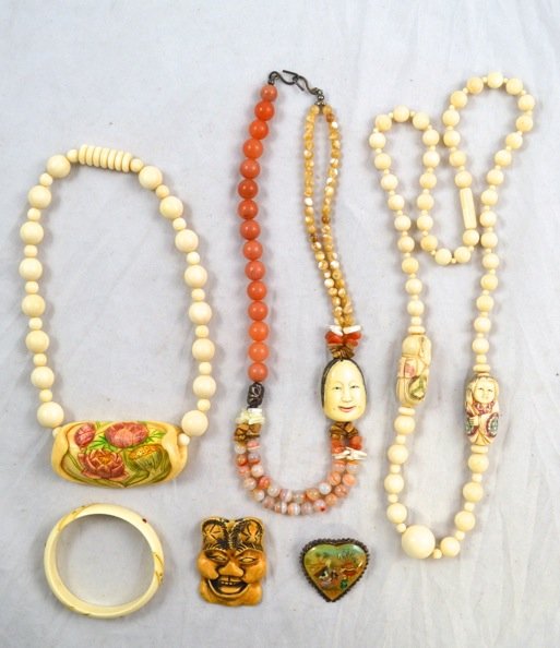 6 Pcs. Of Chinese Jewelry- Carved Bone and Shell: 6 Pcs. Of Chinese Jewelry- Carved Bone and Shell. 3 Necklaces, 1 Pin, 1 Bangle, 1 Pendant, 1 Locket.