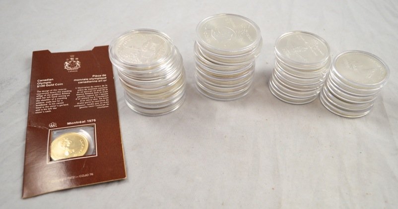 26 Silver Olympic Coins, 1 Gold Coin: 26 Ten Dollar Silver Coins Commemorating the 1976 Montreal Olympics. 34.54 toz. 1 $100 Gold Coin Commemorating the Montreal Olympics.