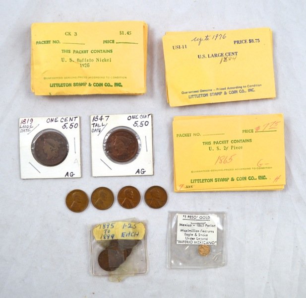 Coin Lot- Cents, Nickles, Gold Peso: 2 Two Cent Pieces, 6 Jefferson Nickles, 2 Liberty Head Nickles, 1 Buffalo Nickle, 3 Large Cent Coins, 5 Lincoln Head Cents, 9 Indian Head Cents, 1 1845 Gold Peso, 1 $2 Bill (1963).