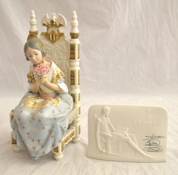 Lladro Figurine of Young Girl on Throne: Lladro Figurine of Young Girl on Throne with Roses (10.5'' high) and Collector's Society Plaque (4.5'' high). Marked ''J-01 G.''