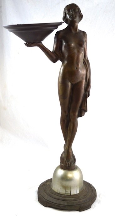 Bronze Patinated Nude Figural Art Deco Receiver: Bronze Patinated Nude Figural Art Deco/Frankart Style Receiver. Some wear to base, arm repaired. 27'' high