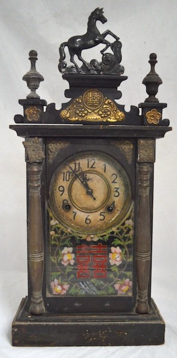 19th C. Shelf Clock with Korean Motif: American Shelf Clock with Korean Motif, Painted Flowers and Horse (not original). 24 1/2'' h. Some wear, minor damage.